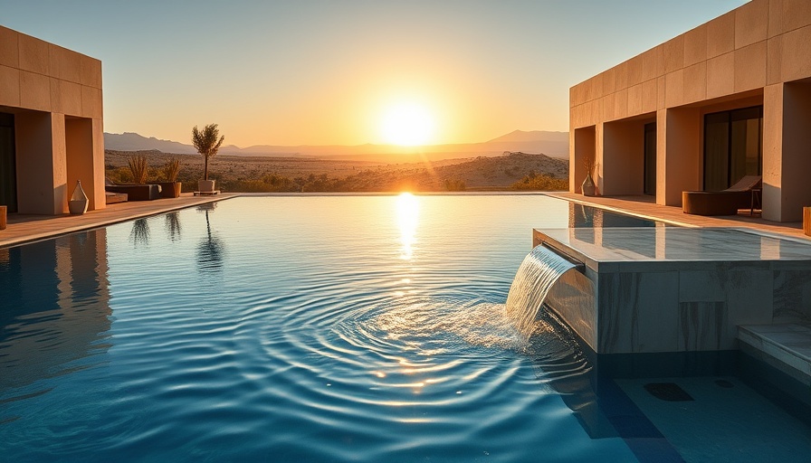 Serene poolside at Sand Hollow Resort with modern waterfall.
