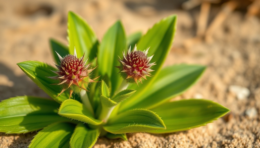 Close-up of a green plant with spiky flower in sandy soil.
