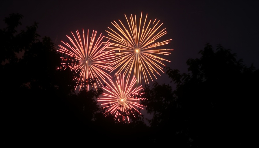 Bright fireworks glow through trees for Pioneer Day safety.