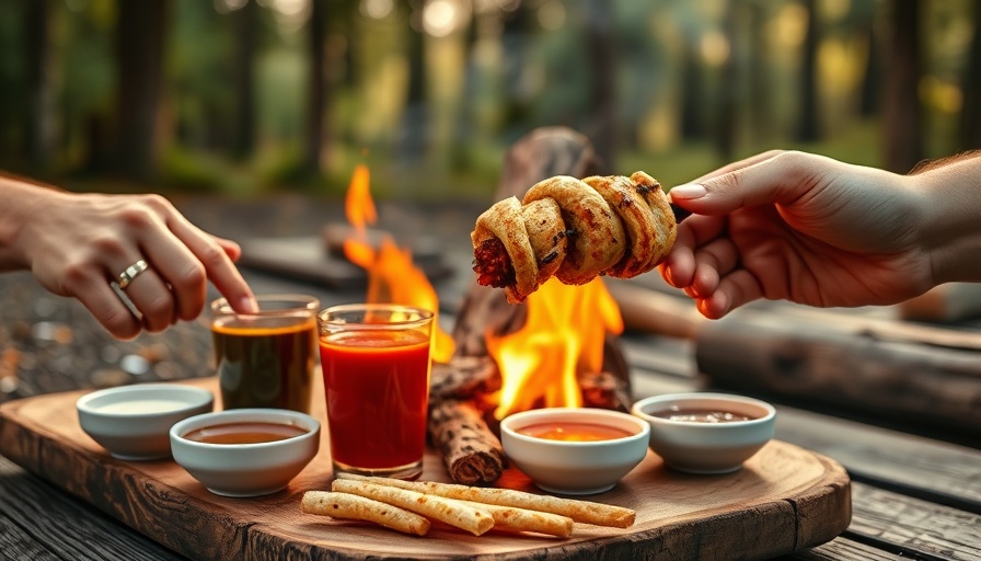 Luxe campfire dining setup with sauces and skewer.