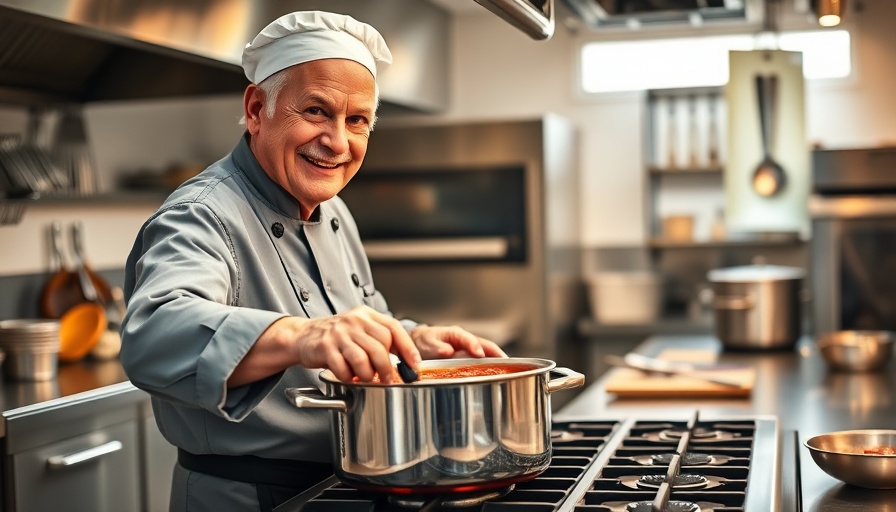 Elderly chef highlights Utah dining scene in a commercial kitchen.
