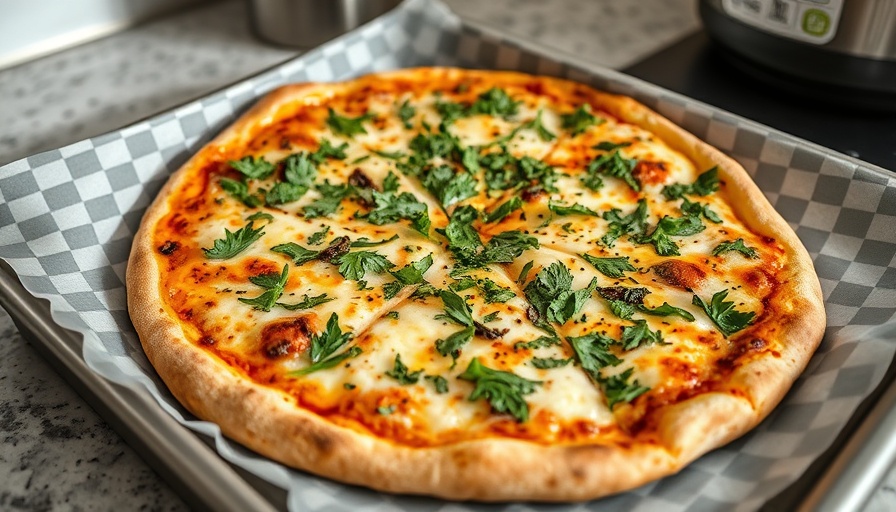 Herb-covered pizza on checkered paper tray in kitchen setting.