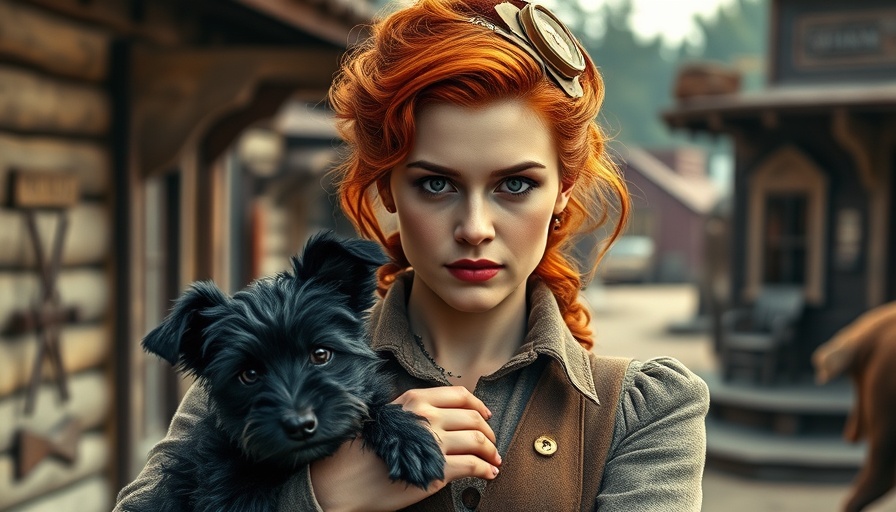 Red-haired woman in western town holding dog.