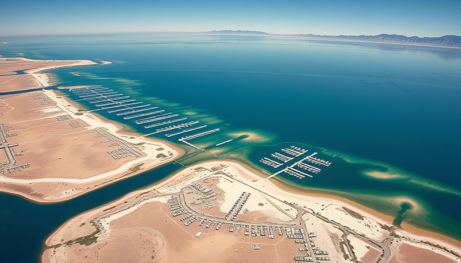 Aerial view of Great Salt Lake showing water level decline and exposed docks.