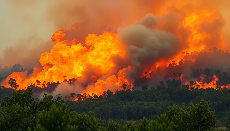 Monroe Canyon Fire blazing through dense forest, smoke rising.