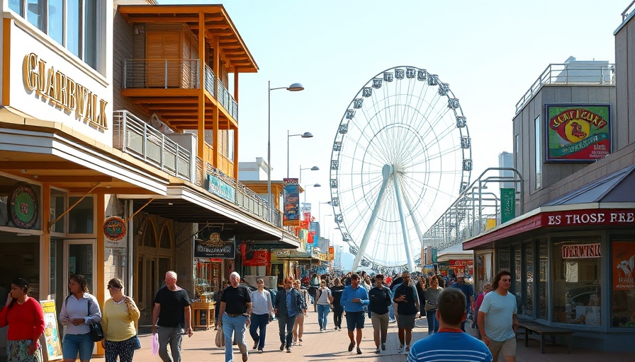 People enjoying a lively boardwalk in a small city.