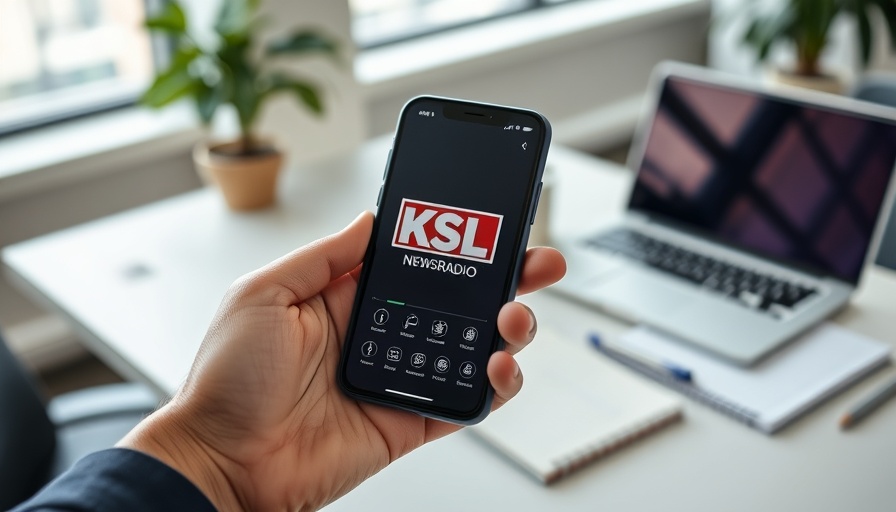 KSL NewsRadio app on a smartphone in an office, Utah community events.