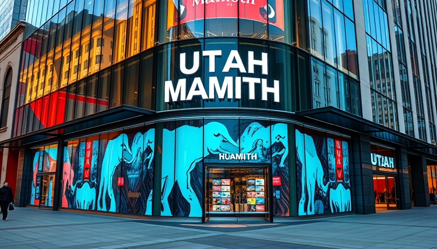 Utah Mammoth branding on modern building glass facade in urban setting.
