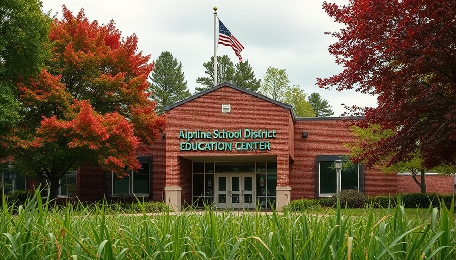 Alpine School District Education Center facade with flags and trees.