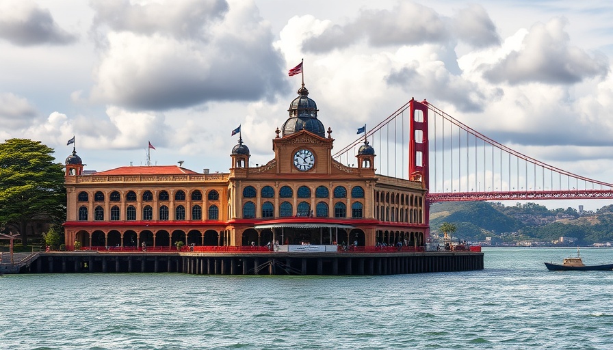 Ferry Building San Francisco Day Trip view with bay and bridge.