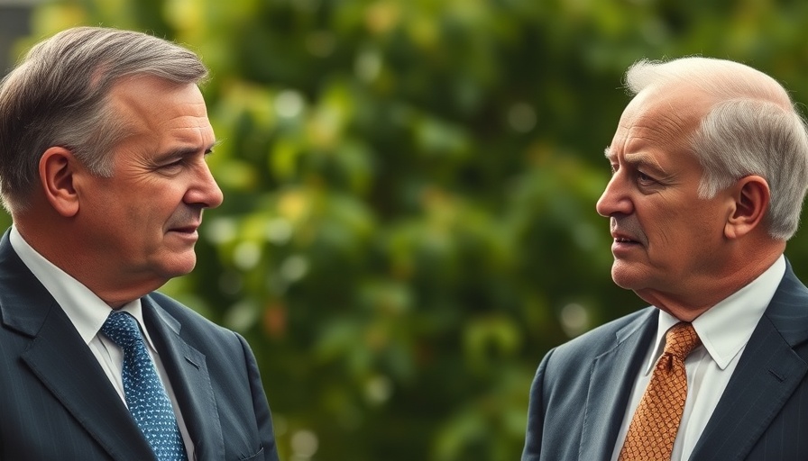 Two leaders converse during outdoor event, green backdrop.