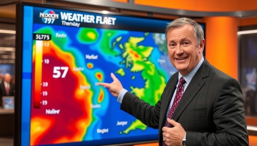 Weather presenter discusses temperature changes on TV map.