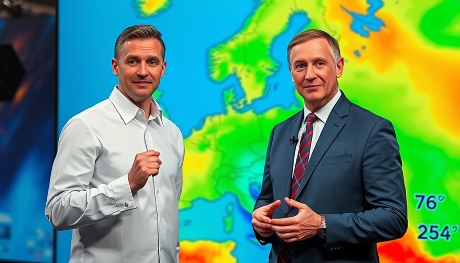 Weather specialist presenting temperature map on TV broadcast