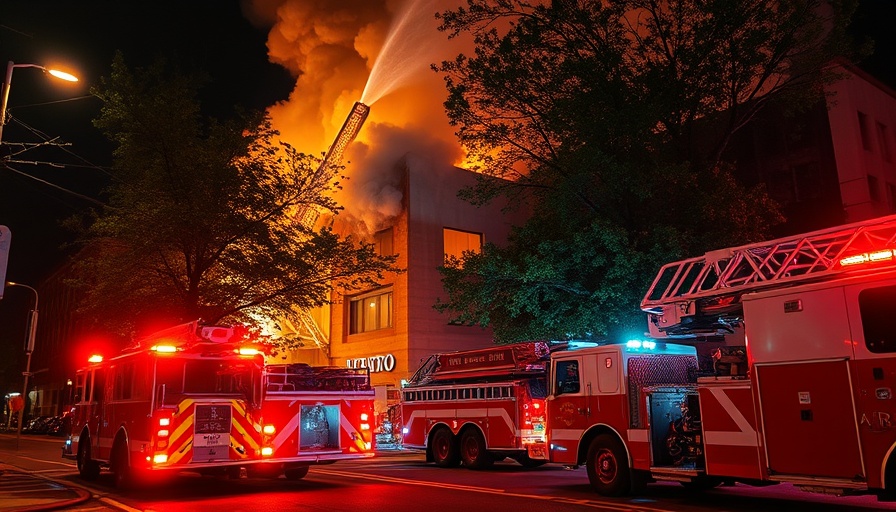 Salt Lake City firefighting scene as businesses recover from fire at night.
