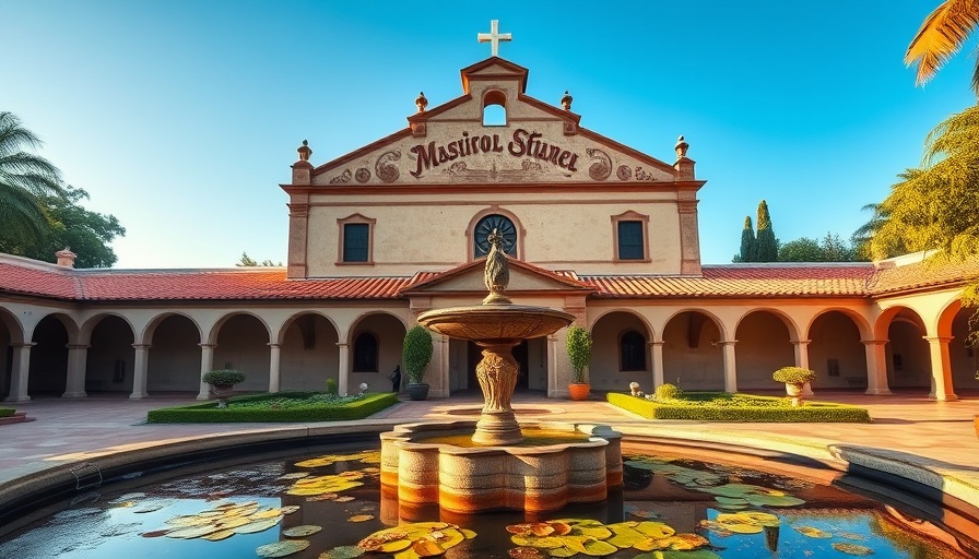 Santa Barbara American Riviera mission with fountain and clear sky.