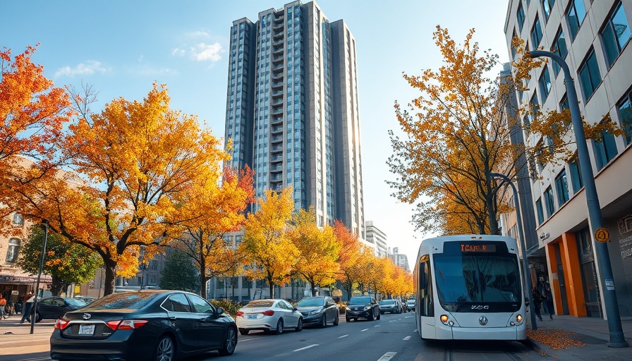 Urban street with high-rise buildings and trees in autumn colors