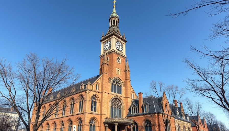 Historic building in Salt Lake City with clock tower and trees.