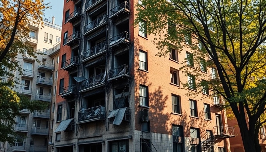 Support local businesses after fire; damaged building facade under a sunny sky.