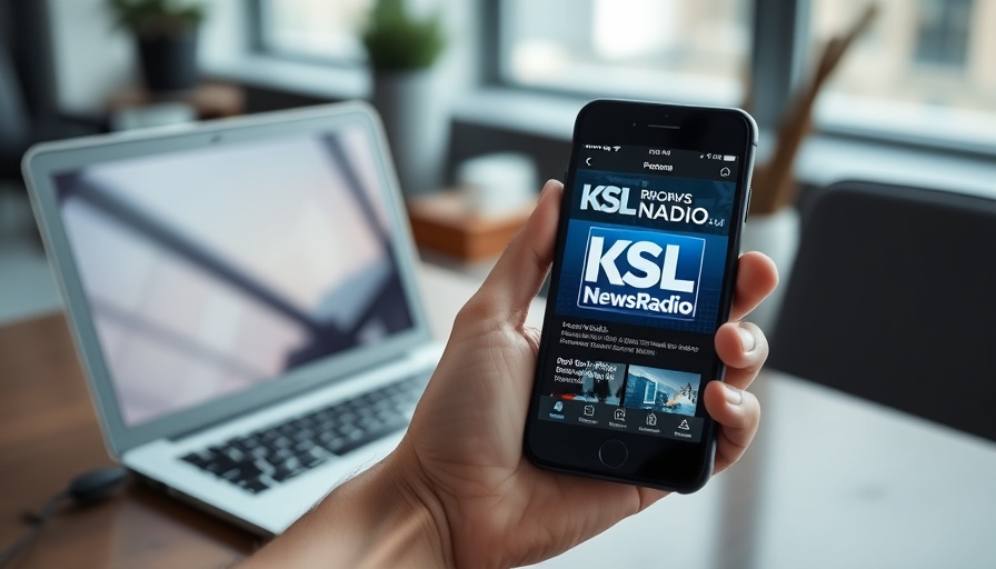 KSL NewsRadio app promotion in an office setting for Community Events in Salt Lake City.