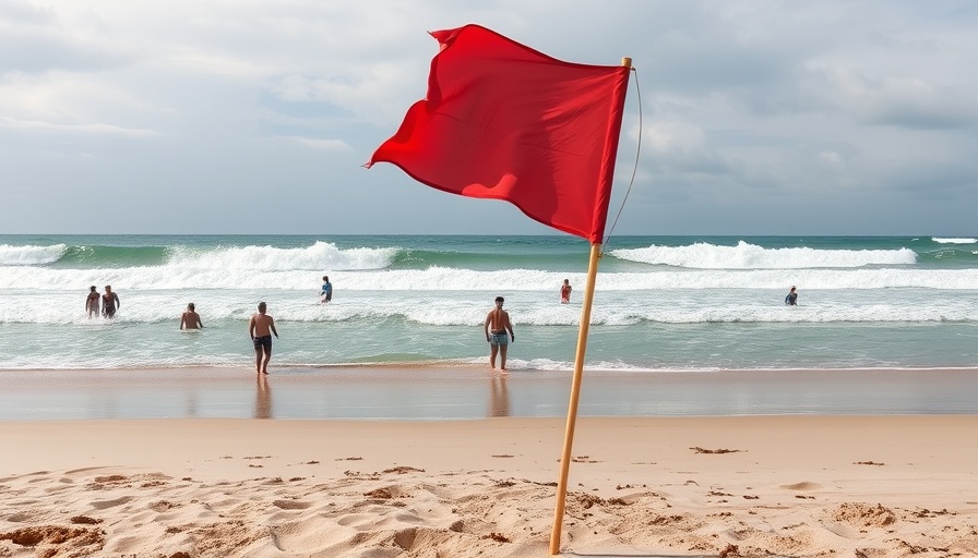 Warning flag on beach indicating Hurricane Erin flooding risks.