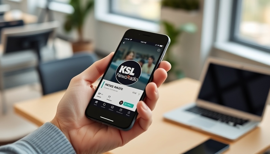 Smartphone showing KSL NewsRadio app in an office setting, Cougar Sports Saturday.
