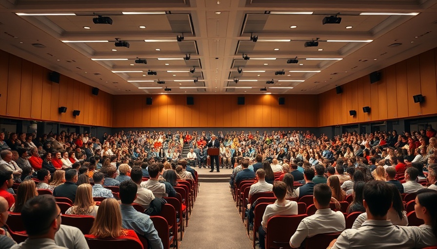 School leaders meeting in a large auditorium for Jordan School District New Teachers Welcome.