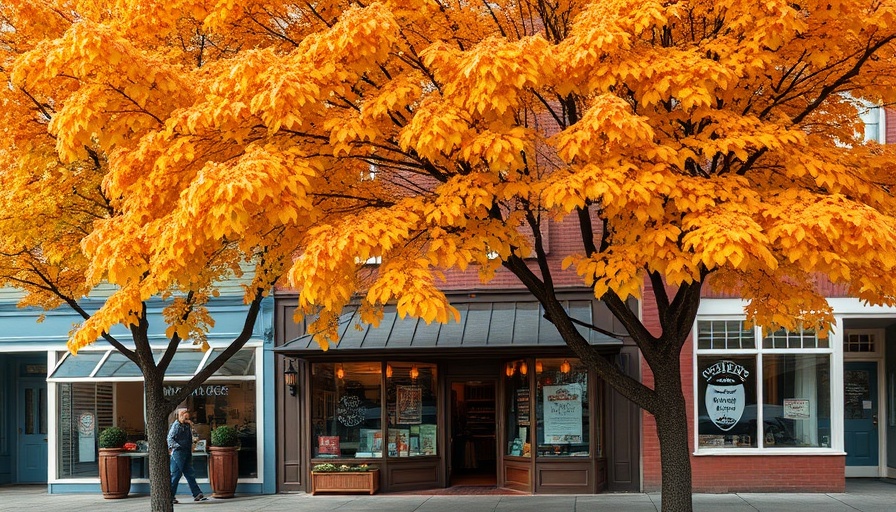 Charming Main Street storefront with autumn leaves, fundraising for displaced employees.