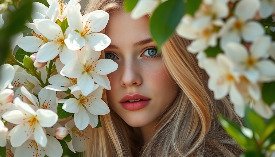 Young woman amidst white blossoms, curious expression in a garden.