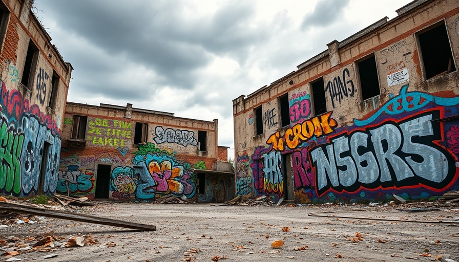 Street art on deteriorating walls during Fleet Block revitalization.