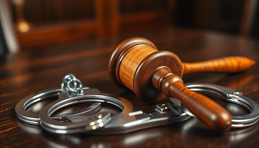 Judge's gavel and handcuffs on a wooden table.