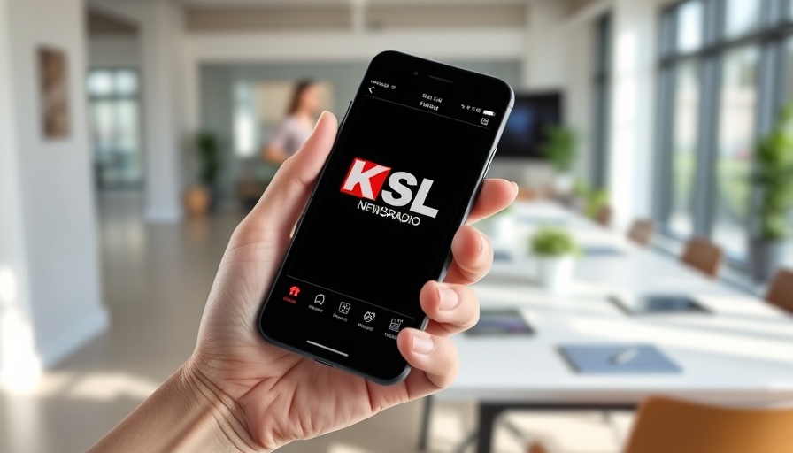 Hand holding phone with KSL Newsradio app in office setting.