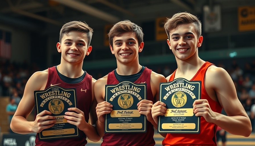 Young athletes at state wrestling championships with medals and awards, smiling confidently.