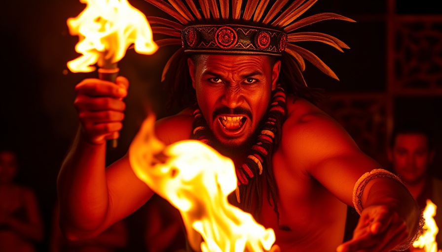 Dramatic Polynesian fire dancer at Cultural Center event.