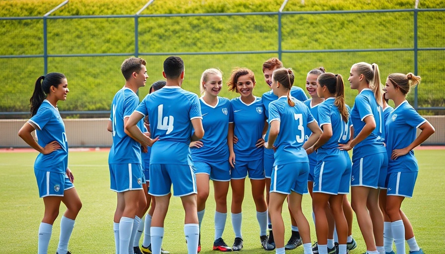 Young soccer team huddles with coach on field