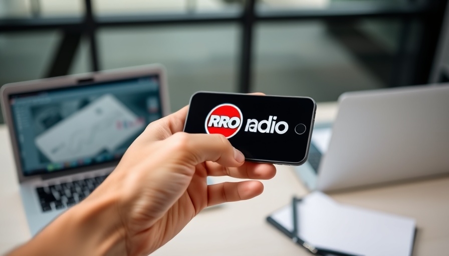 Hand holding smartphone with radio logo, modern office setting, community initiatives in Salt Lake City.
