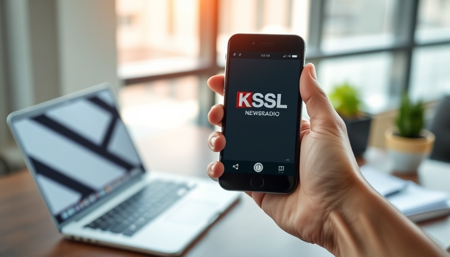Hand holding smartphone displaying KSL Newsradio app in office setting.