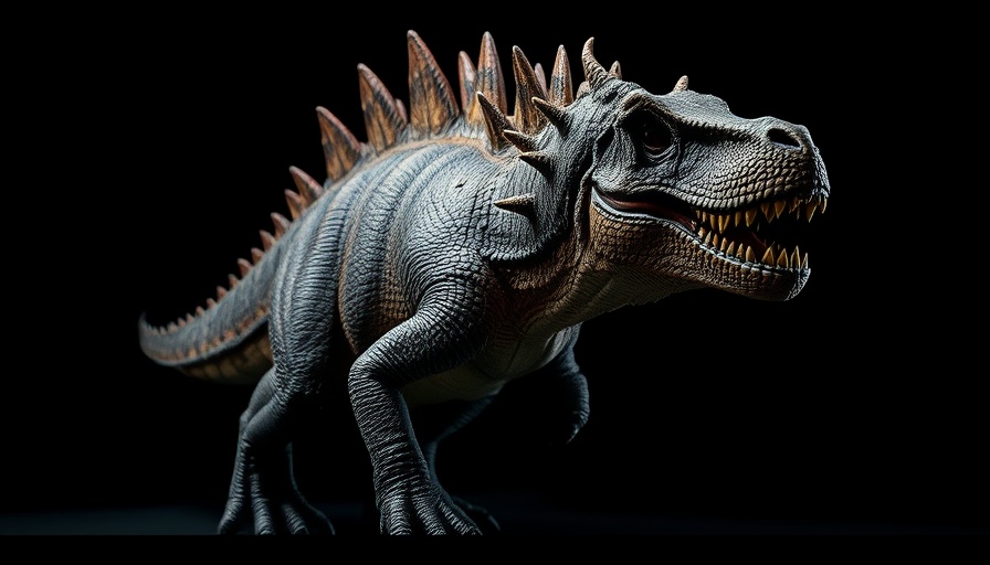 Spiked dinosaur from Morocco in dramatic lighting against dark background.