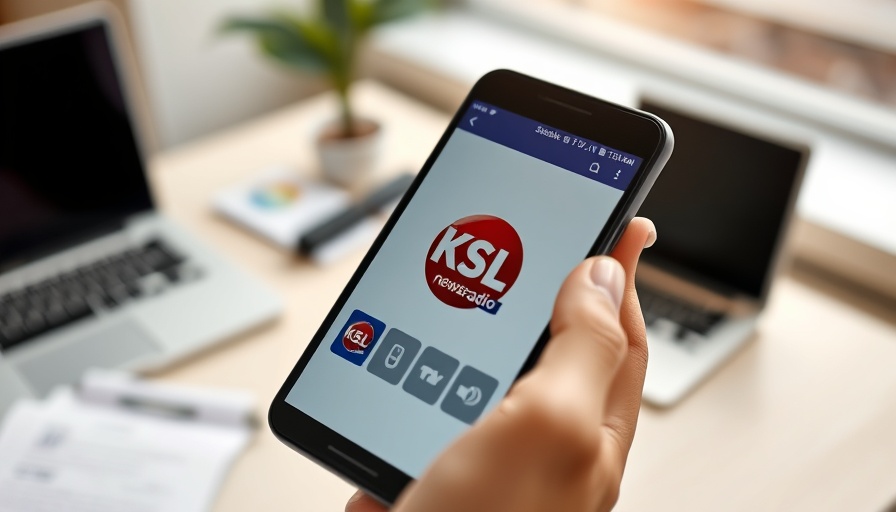 Close-up of KSL NewsRadio app on phone in office; Salt Lake City Community Events.