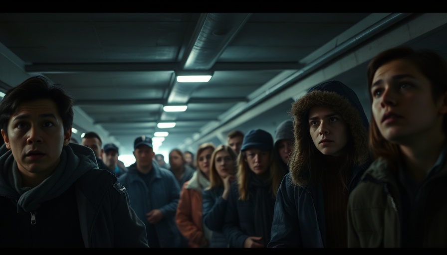 Worried civilians seeking refuge in a dimly lit shelter.