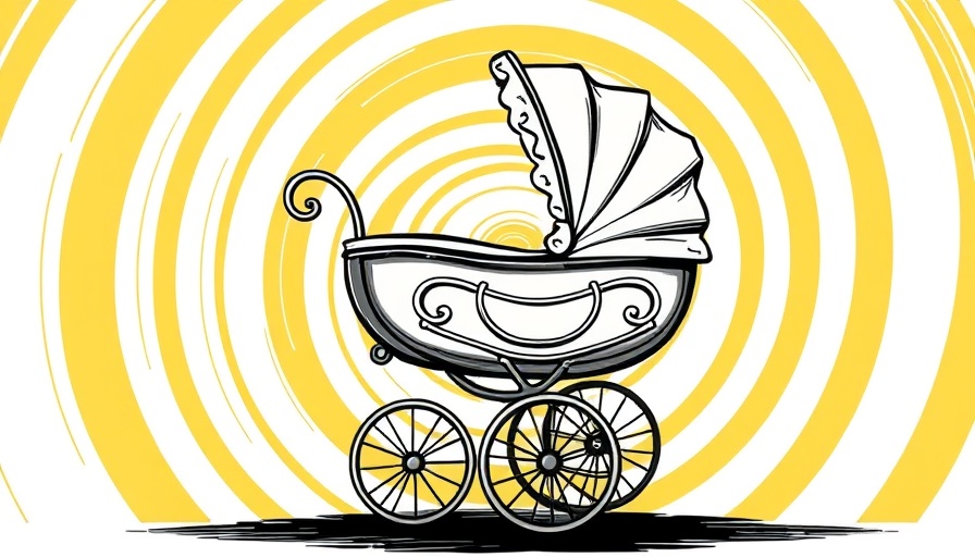 Vintage baby carriage with yellow spiral background; US birth rate decline.