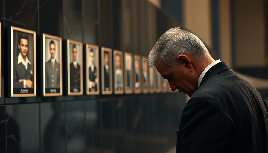 Leader reflecting at soldiers' memorial wall, solemn tribute.
