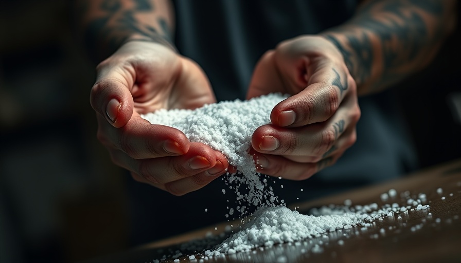Hands holding domestic salt in a dimly lit setting.