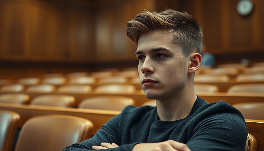 Courtroom scene with a young man in orange prison attire