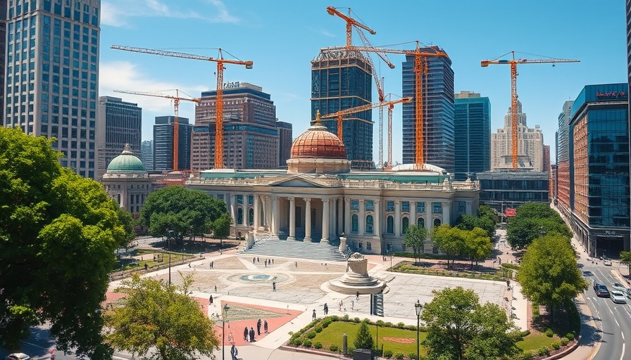 Temple Square under construction, showcasing modern architecture, sunny day.