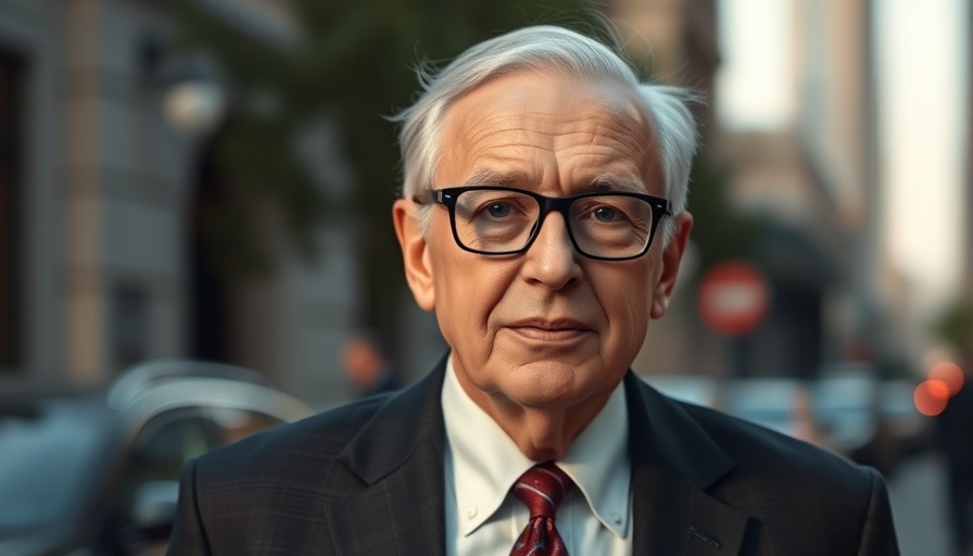 Elderly man with formal expression in suit and tie, urban background.