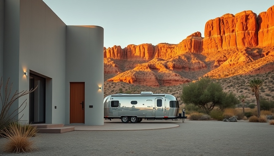 Glamping in Southern Utah site with luxury trailer and red rock cliffs.