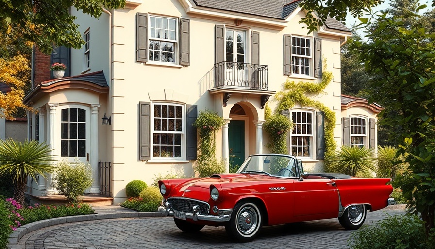 Timeless home design with a vintage red car on a cobblestone driveway.