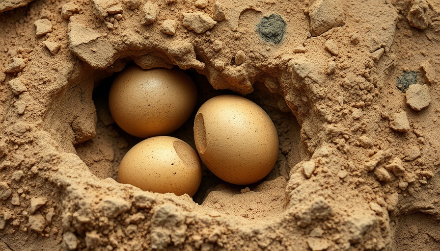Ancient fossilized dinosaur eggs partially buried in sediment.