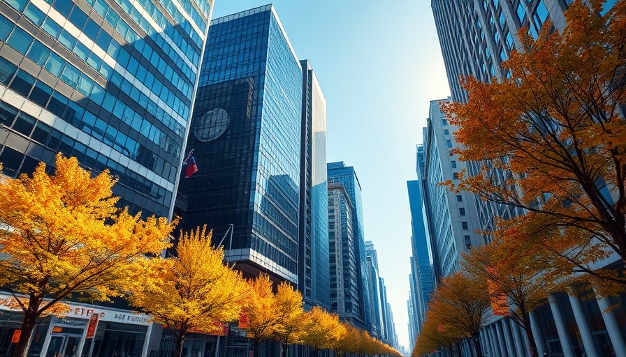 Vibrant urban streetscape with skyscrapers for fundraiser for displaced Main Street employees