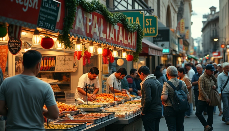 Vibrant Italian street food stall in Salt Lake City with busy crowd.